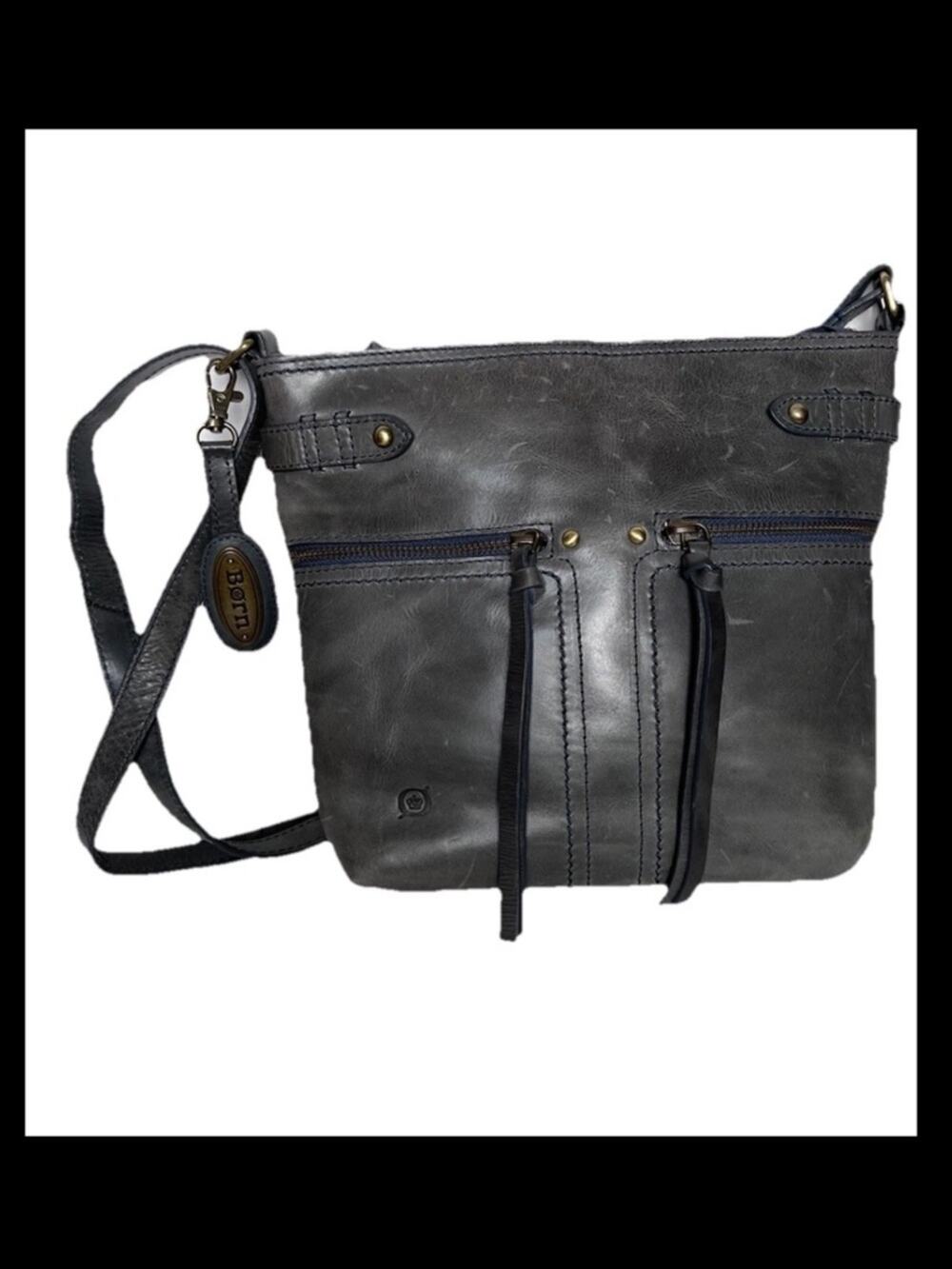 Born grey leather crossbody handbag front back and inside pockets